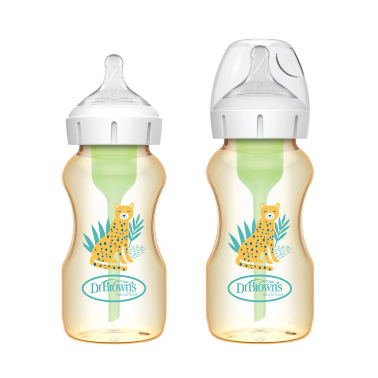 Dr Brown's Anti-Colic Options+ PPSU Wide Neck Bottle 270ml 2Pc - Cheetah / Level 2 Teat