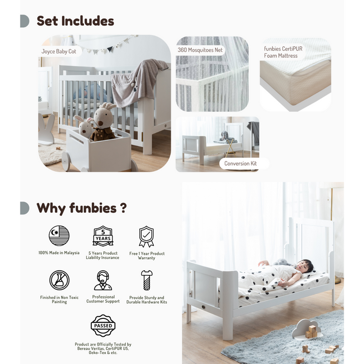 Funbies Joyce Baby Cot Set (White + Grey) (70 x 130cm) | 4in1 Baby Cot