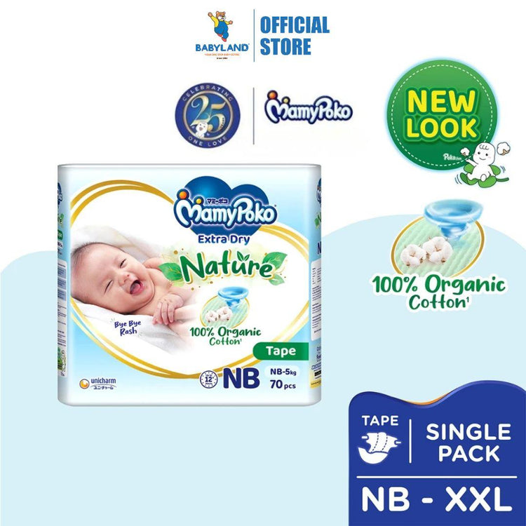 MamyPoko Extra Dry Nature Tape Premium Baby Diapers NB70/S60/M54/L46/XL40/XXL32 (1 Pack)