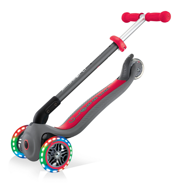 Globber Primo Foldable Lights Scooter with Anodized T Bar Grey/Red - 432-120-2 (3y+)