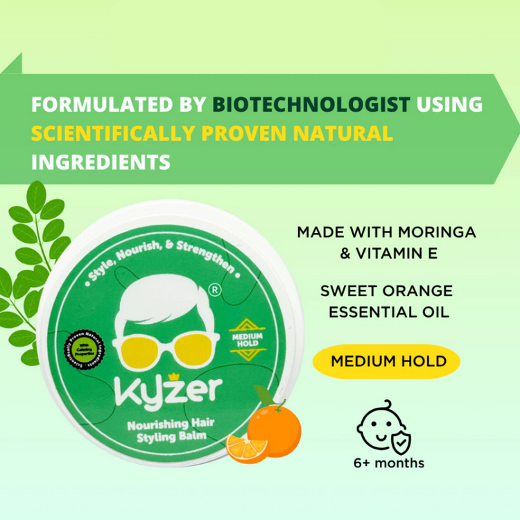 Kyzer Naurishing Hair Styling Balm 50g (Green) For Kids, 6+ months with Moringa, Vitamin E, Sweet Orange (gel wax pomade)