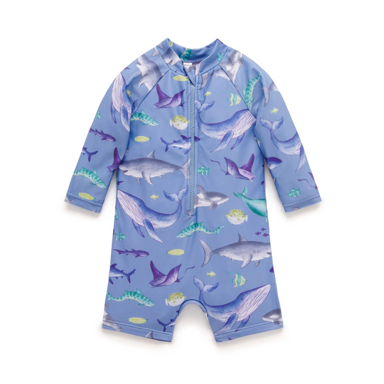 Purebaby Organic Kids Long Sleeve Rashie Sunsuit Shark