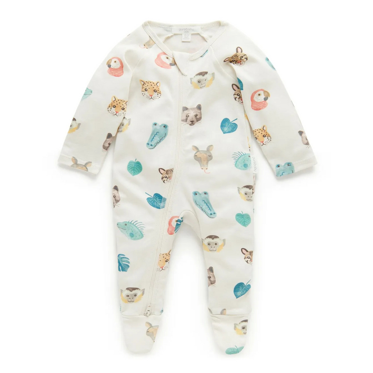 Purebaby Organic Zip Growsuit - Jungle Faces Print