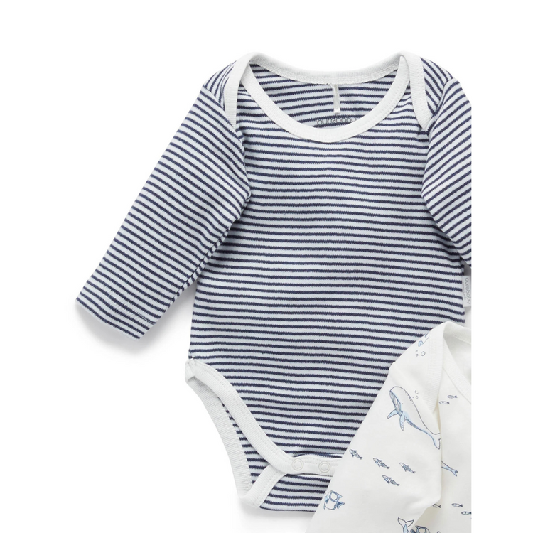 Purebaby 2 Pack Organic Easy Neck Long Sleeve Bodysuit - Vanilla Nautical Print