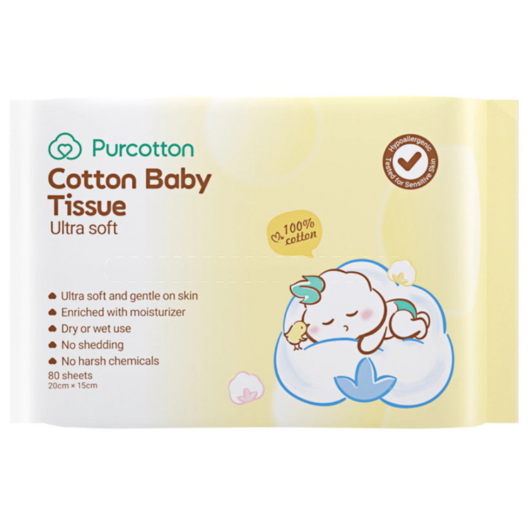 Purcotton 100% Cotton Baby Tissue Ultra Soft 80 Sheets 15X20cm