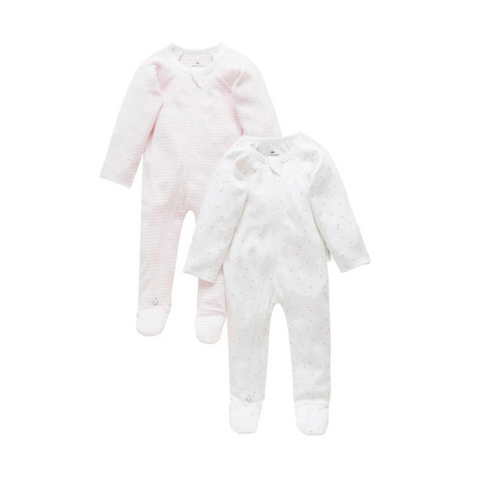 Purebaby 2 Pack Organic Sleepsuit - Pale Pink Set (Polka Dot and Stripe)