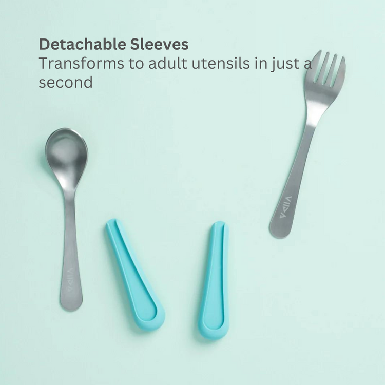Viida Souffle Antibaterial Stainless Steel Fork & Spoon (L) - Baby Blue