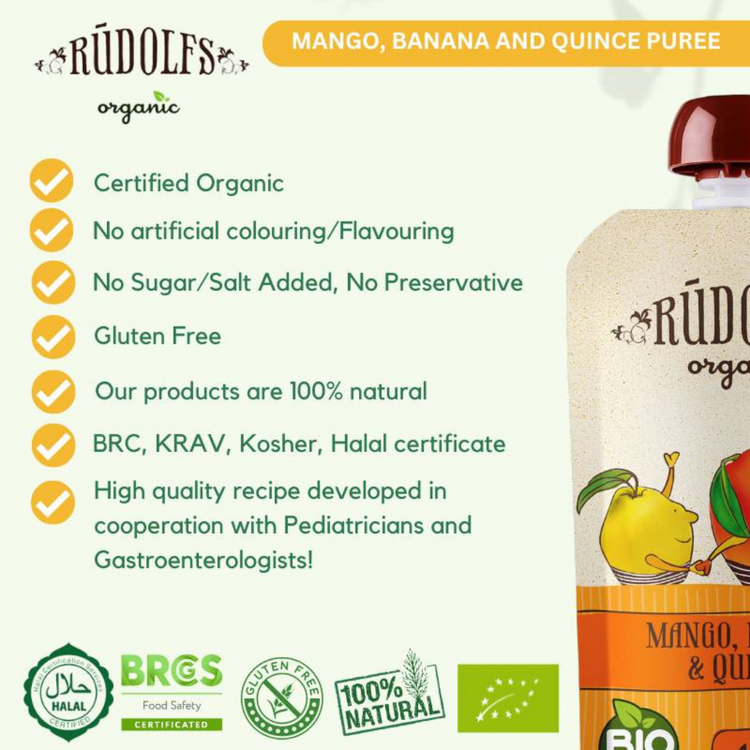 Rudolfs Organic Mango, Banana And Quince Puree 110g (6m+)