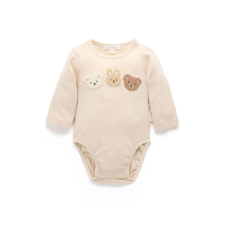 Purebaby Organic Wheat Melange Print Baby Bear Applique Bodysuit