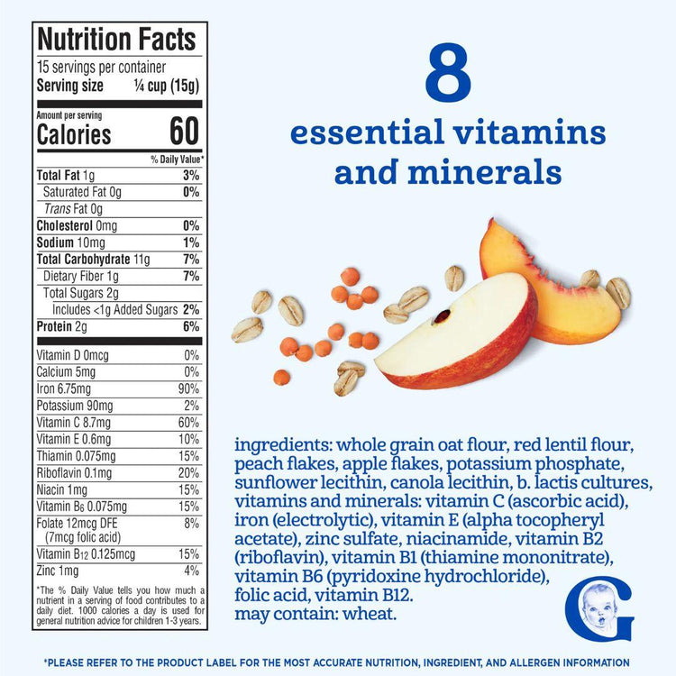 Gerber Probiotic Oatmeal, Lentil Peach & Apple Cereal 227g (12+ months)