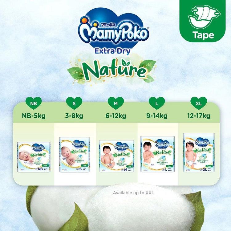 MamyPoko Extra Dry Nature Tape Premium Baby Diapers NB70/S60/M54/L46/XL40/XXL32 (1 Pack)