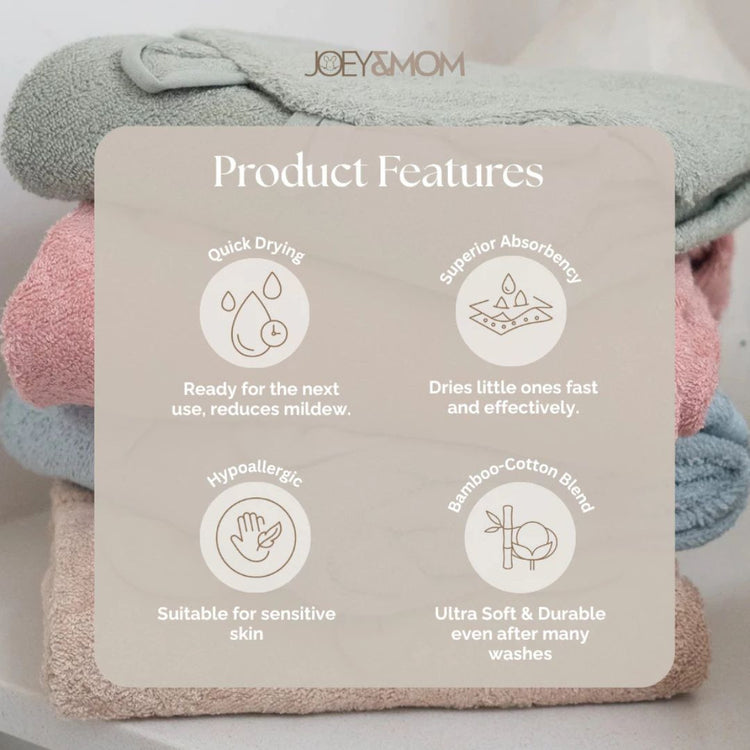 Joey & Mom Bamboo Cotton Hooded Baby Bath Towel 90x90cm | Newborn & Toddler Bath Towel | Soft Absorbent Quick-Dry Towel