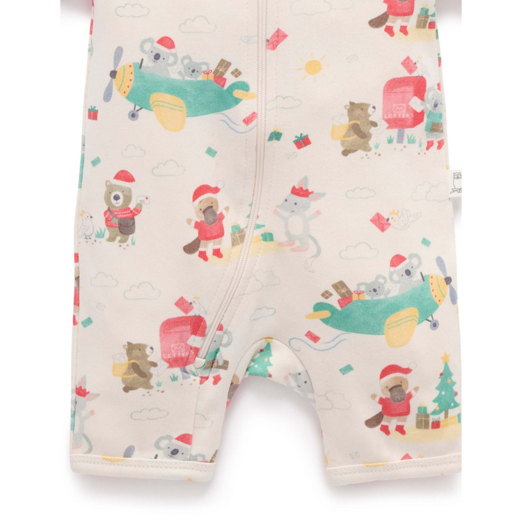 Purebaby Organic Short Sleeve Zip Growsuit - Christmas Wishes Print