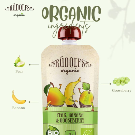 Rudolfs Organic Pear, Banana And Goosberry Puree 110g (6m+)