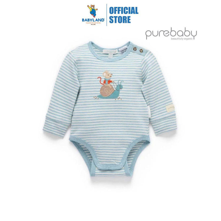 Purebaby Organic Moonstone Stripe Print Thick Appliqued Bodysuit