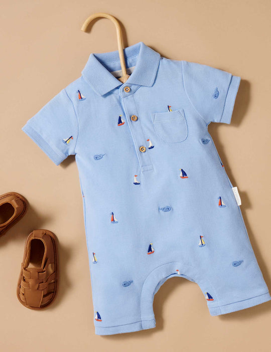 Purebaby Organic Baby Yacht Polo Growsuit - Yacht Broderie