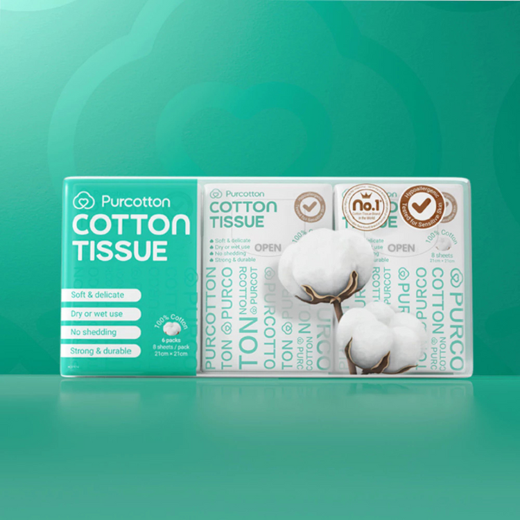 Purcotton 100% Cotton Tissue Pocket 6 Packs 8 Sheets 21X21cm