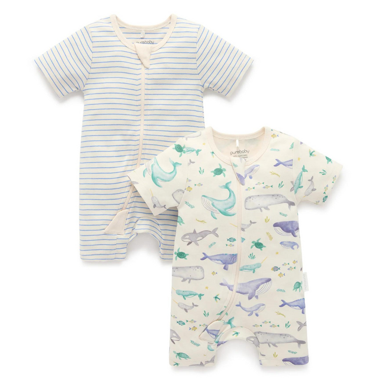 Purebaby Whale 2 Pack Short Zip Growsuit