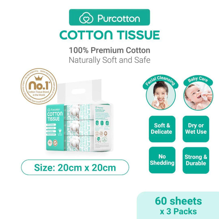 Purcotton Cotton Tissue 20x20cm (60's x 3 Packs)
