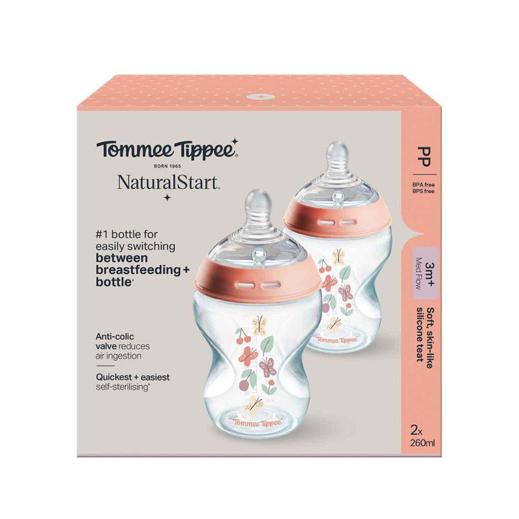 Tommee Tippee Natural Start PP Decorated Bottle (2x260ml) - Pink – BPA-free, Soft Silicone Teat, Anti-Colic Valve