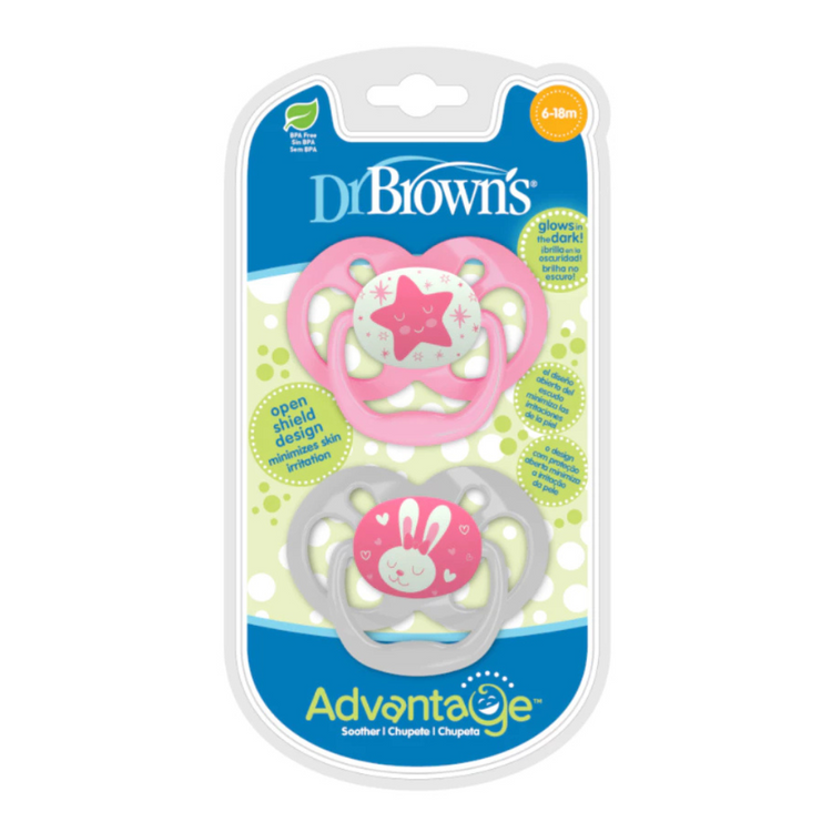 Dr Brown's Advantage Pacifiers Glow In The Dark (2pcs) Stage 1 (0-6m)/Stage 2 (6-18m)