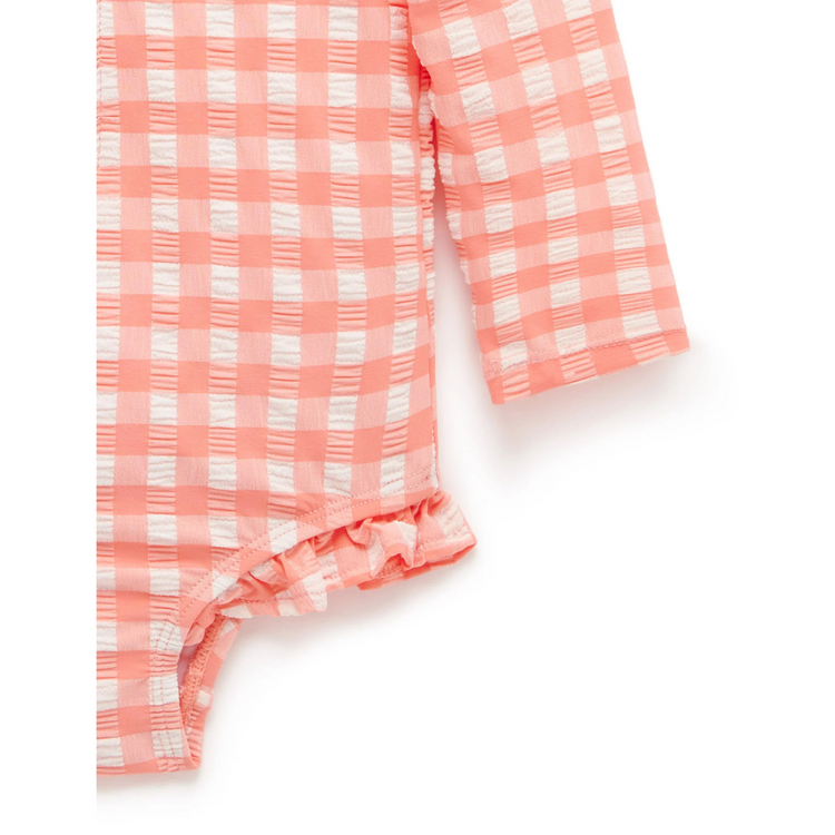 Purebaby Organic Baby Kids Frilly Long Sleeve Swimsuit Coral Gingham