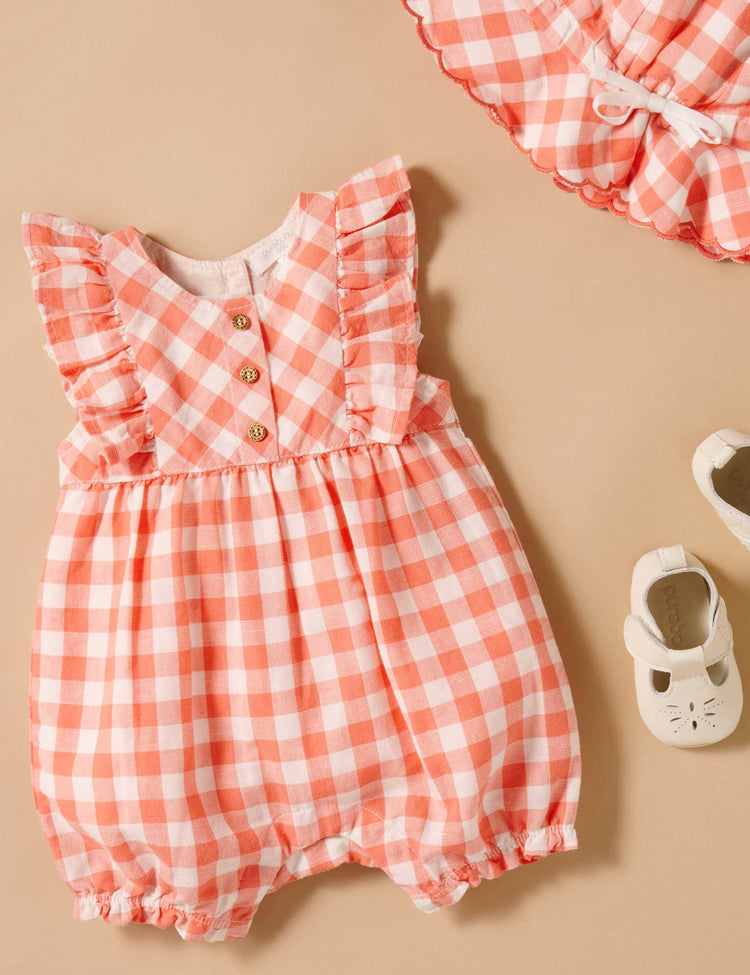 Purebaby Organic Baby Kids Coral Gingham Romper