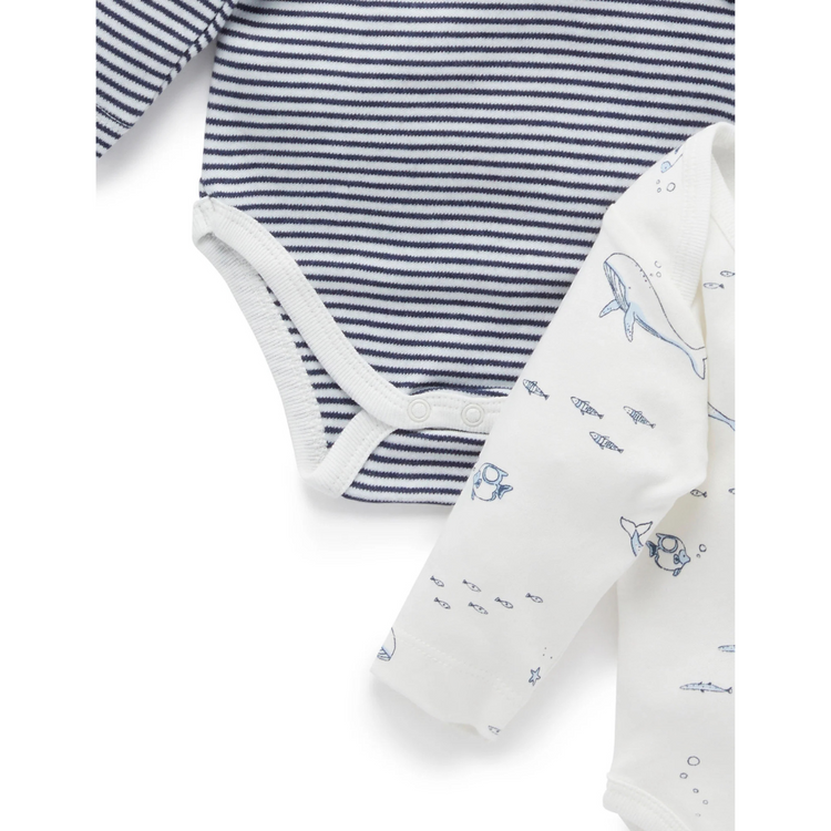 Purebaby 2 Pack Organic Easy Neck Long Sleeve Bodysuit - Vanilla Nautical Print