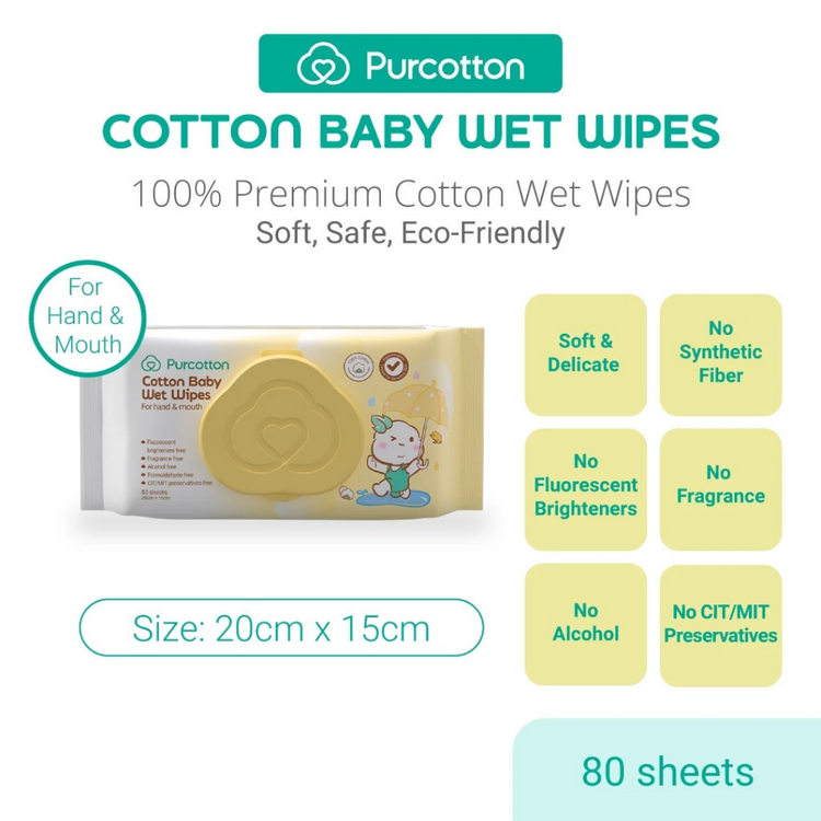 Purcotton Cotton Baby Wet Wipes 80 sheet (20x15cm)