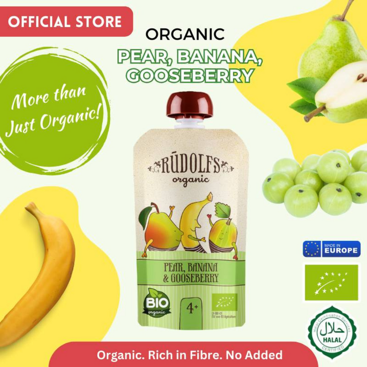 Rudolfs Organic Pear, Banana And Goosberry Puree 110g (6m+)