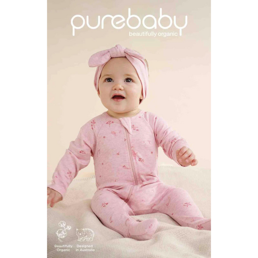 Purebaby Organic Zip Growsuit & Headband Pack - Pale Pink Blossom