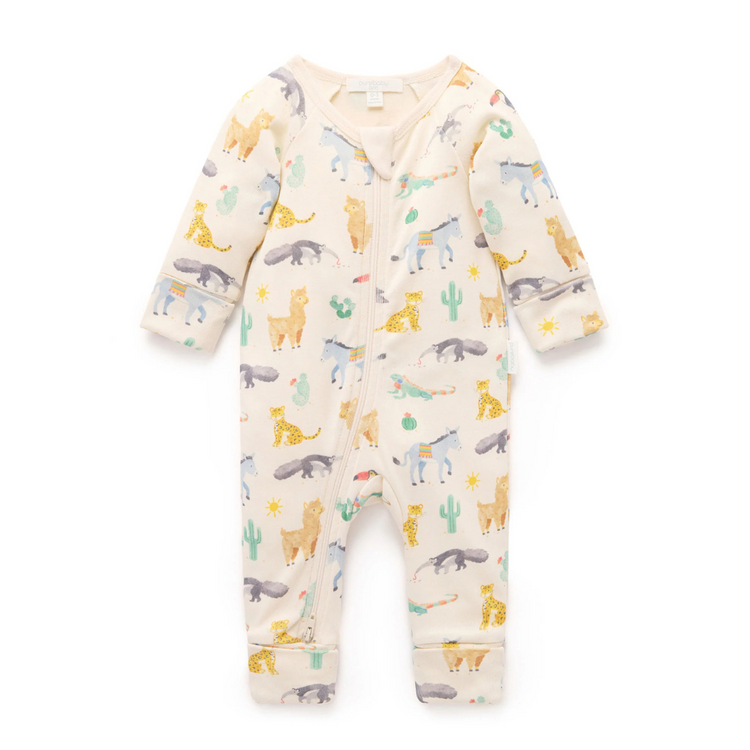Purebaby Organic Kids Zip Growsuit - Animal Fiesta