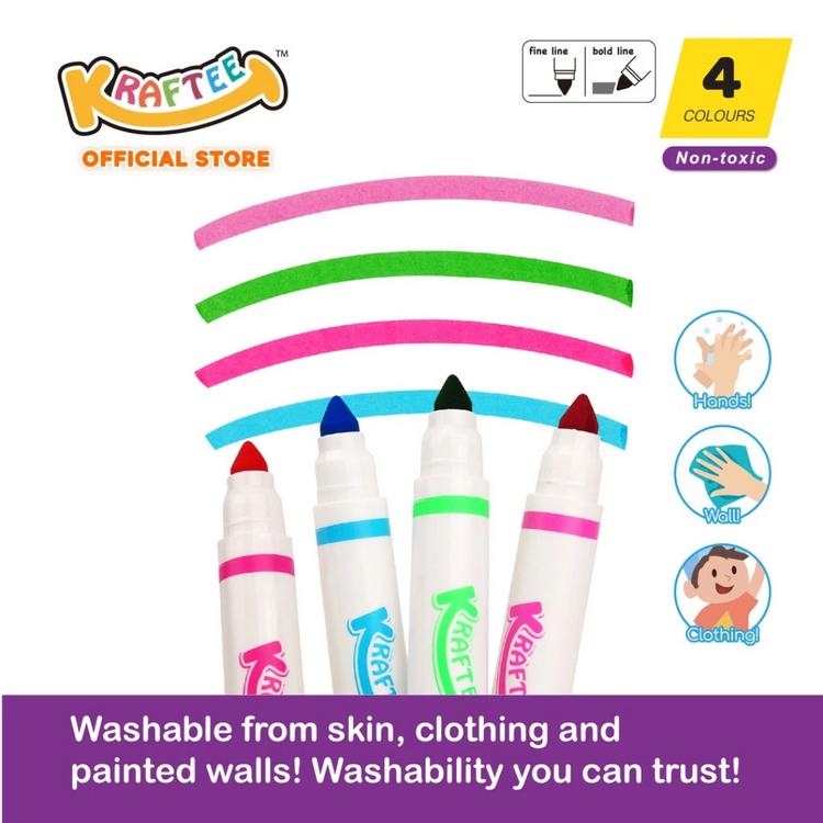 Kraftee 4CT Washable Markers - Travel Pack For Kid Art Creativity - Non Toxic