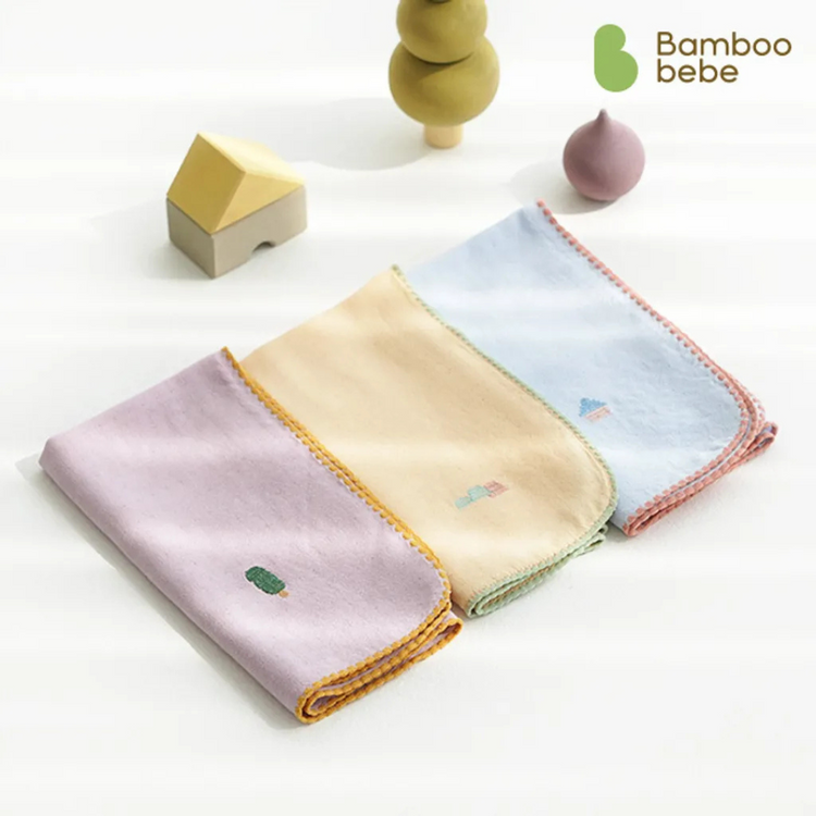 Bebe Bamboo Signature Handkerchief/ Bib 3Pcs Set (Blue, Beige & Purple)