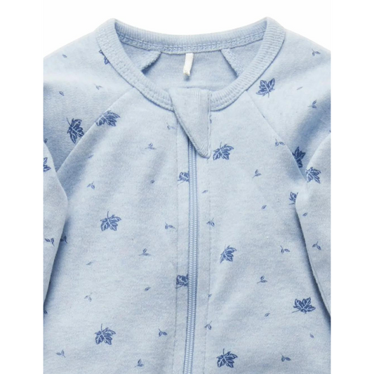 Purebaby Organic Zip Growsuit - Pale Blue Leaf