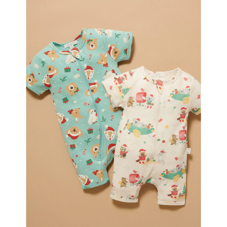 Purebaby Organic Short Sleeve Zip Growsuit - Christmas Wishes Print