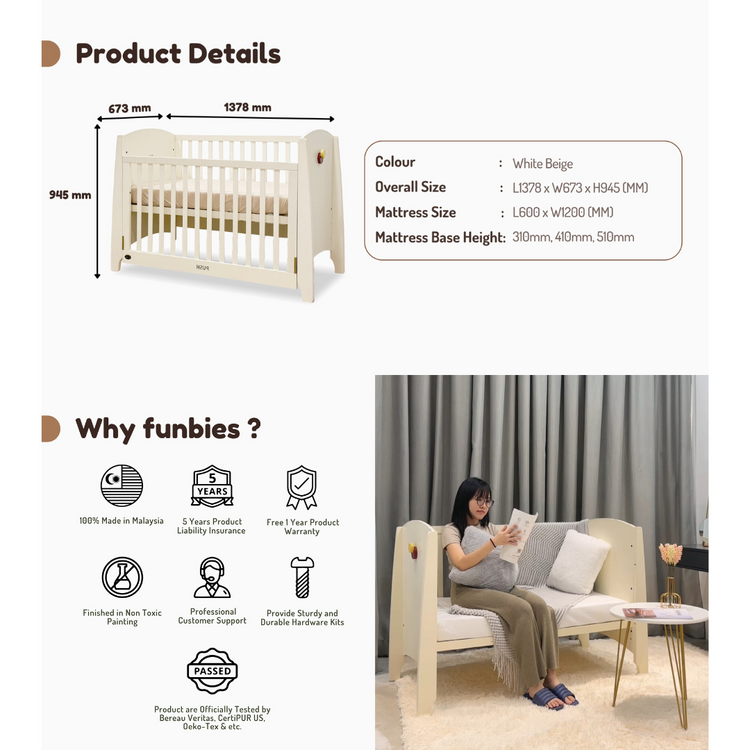 Funbies Gina Baby Cot Set (Beige) (60 x 120cm) | 3in1 Baby Cot