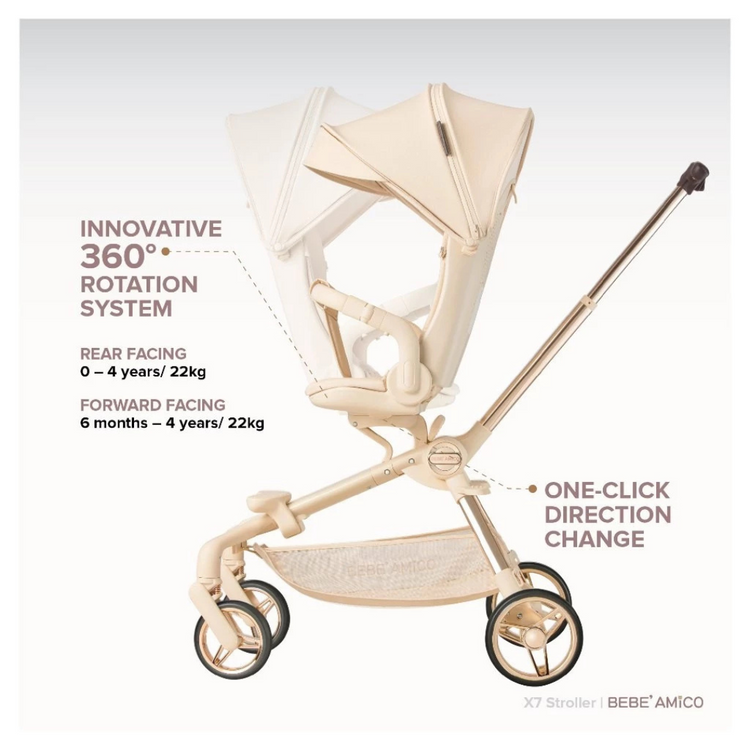 Bebe Amico Dual Two Ways Facing Stroller X7 With 360 Rotation Seat - Black