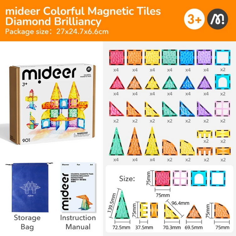 Mideer Colorful Magnetic Tiles 90pcs - Diamond