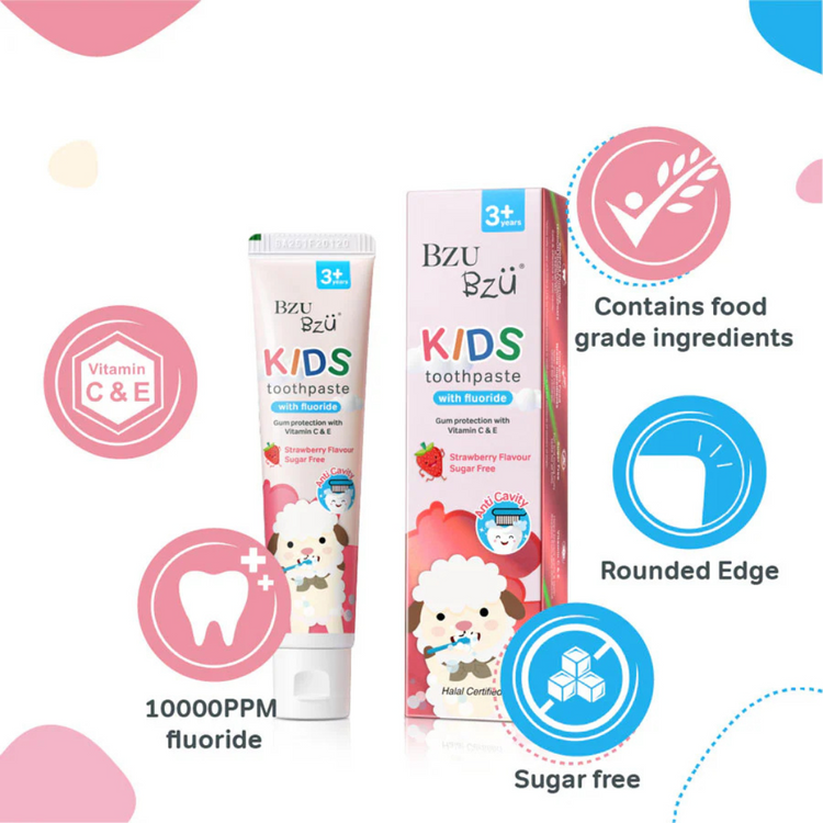 BZU BZU Kids Oral Care Travel Kit 3+ Years (Strawberry Toothpaste + Pink Toothbrush)