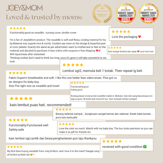 Joey & Mom Luxuriously Soft Bamboo Cotton Swaddle (3-in-1 Bundle) | Premium Bedung Bayi