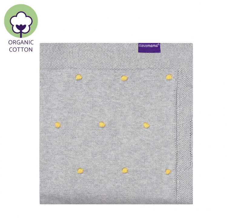 Clevamama Organic Cotton Knitted Pom Pom Baby Blanket - Grey