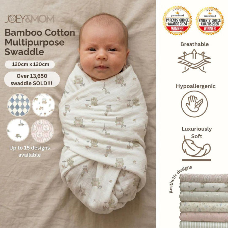 Joey & Mom Luxuriously Soft Bamboo Cotton Baby Swaddle (Set of 3) | Eczema Friendly
