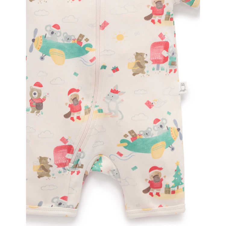 Purebaby Organic Short Sleeve Zip Growsuit - Christmas Wishes Print
