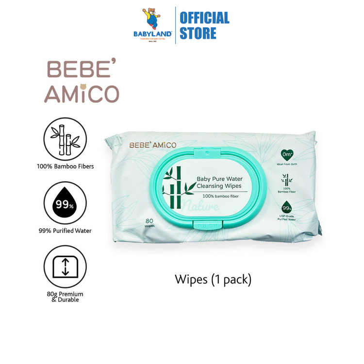 Bebe Amico Baby Pure Water Cleansing Wipes (80pcs) - 100% Bamboo Fibre [Exp: Oct 2027]