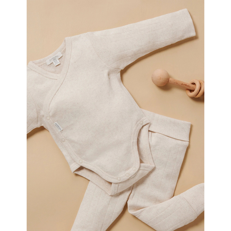 Purebaby Organic Long Sleeve Wrap Bodysuit - Wheat Melange Pointelle