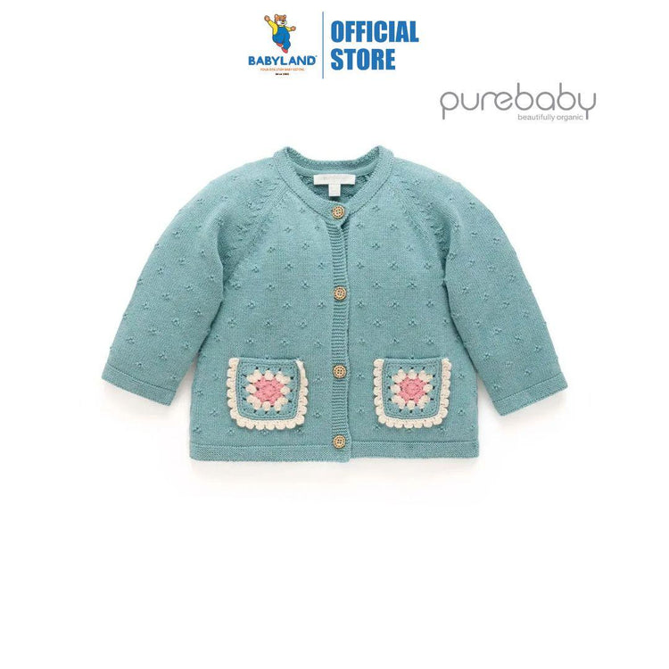 Purebaby Organic Duck Egg Melange Print Crochet Pocket Cardigan