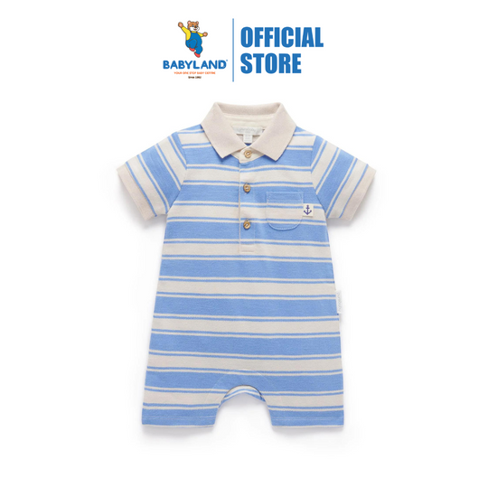 Purebaby Organic Striped Polo Growsuit Ocean Stripe