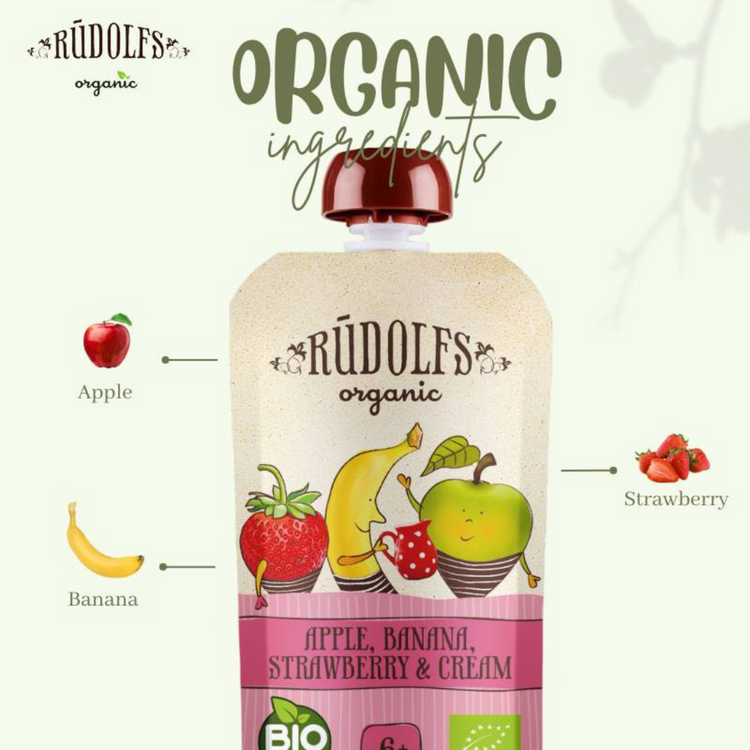 Rudolfs Organic Apple, Banana, Strawberry Puree With Cream 110g (6m+)