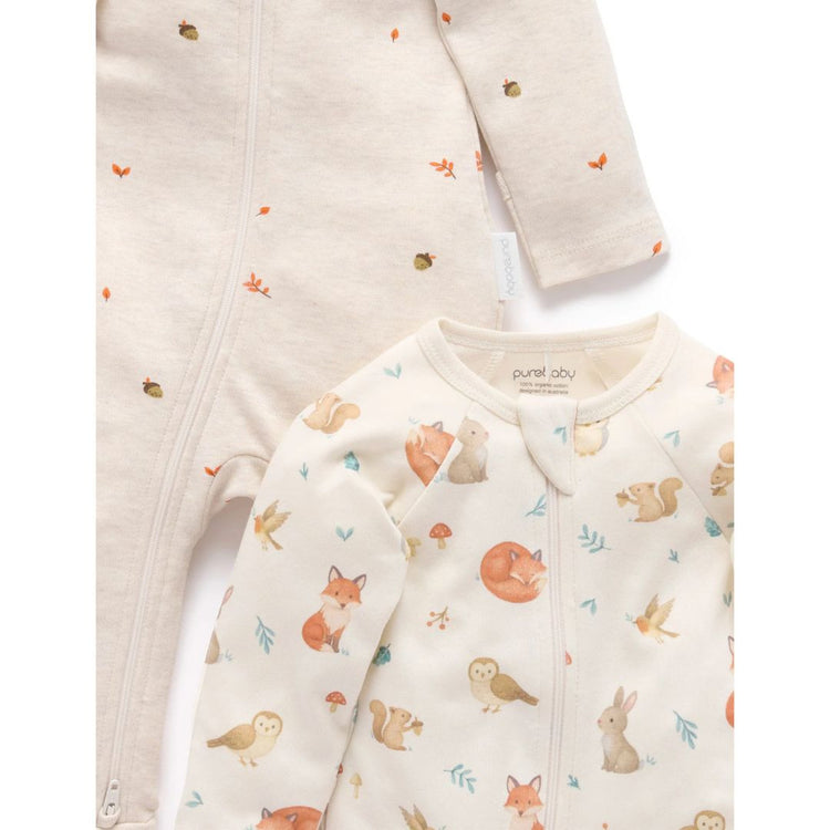 Purebaby Organic 2 Pack Zip Growsuit - Cloud Woodland Print